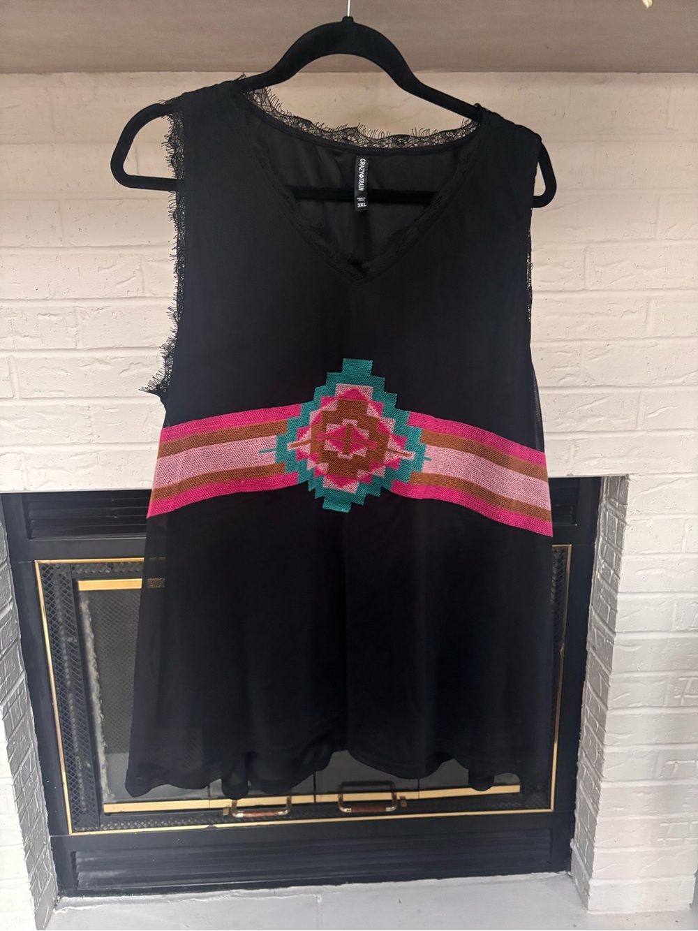 Crazy Train Black Sleeveless Blouse with Pink & Teal Aztec Waistband